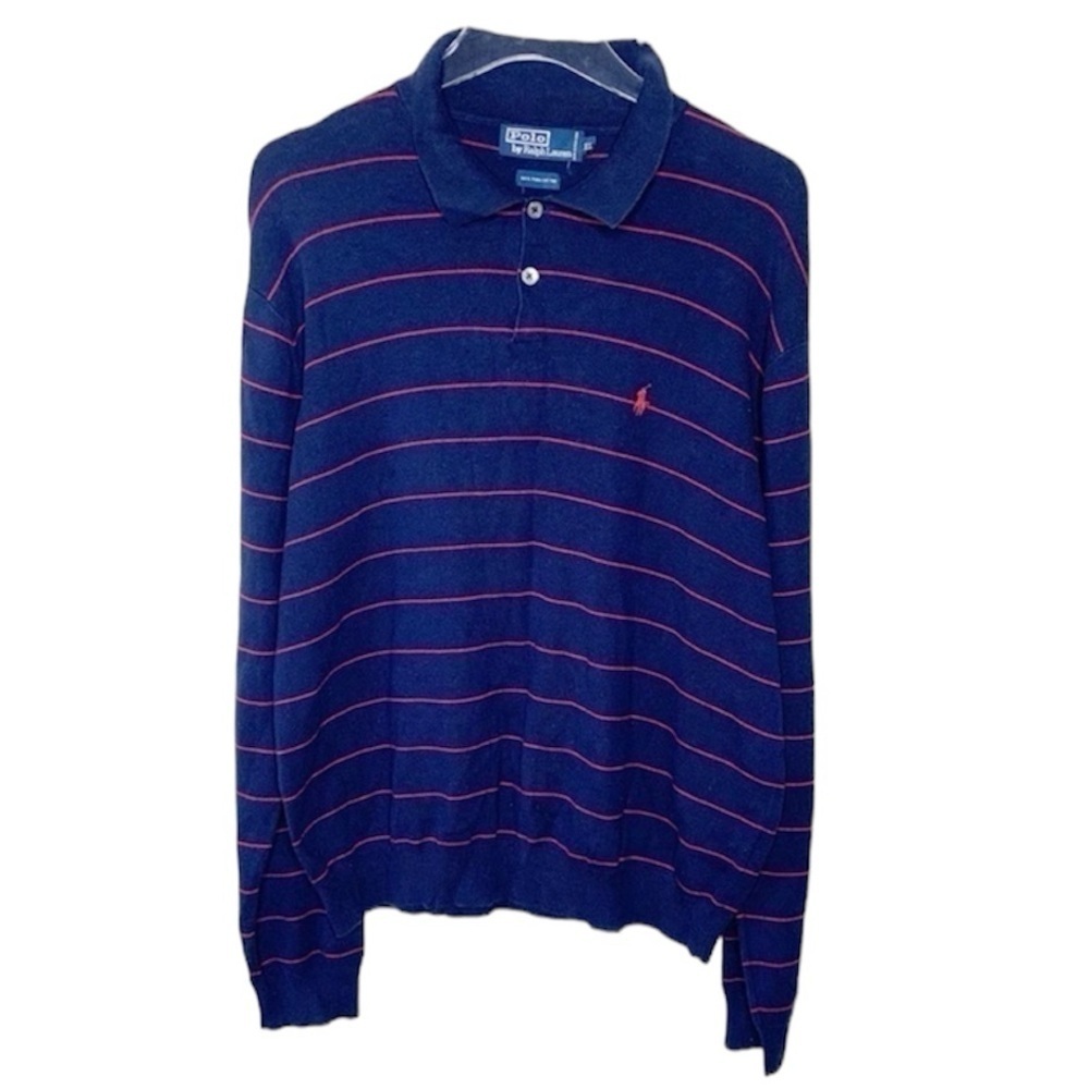 Vintage Polo Ralph Lauren Sweater Long Sleeve Pullover Collar Blue Red Sz XL